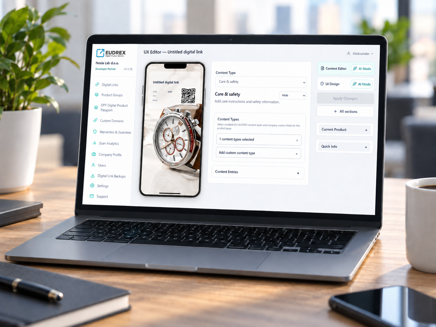 Illustration of the EUDREX content editor with a mobile product-page preview