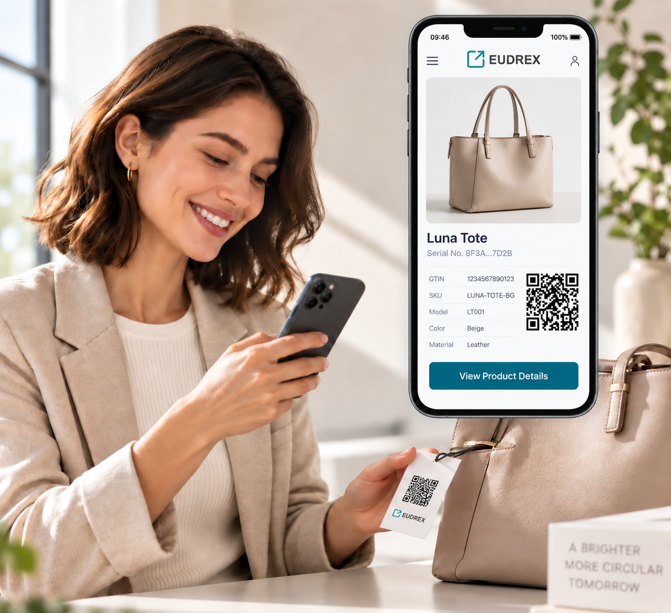 Illustration of a customer scanning a product label to open its EUDREX page